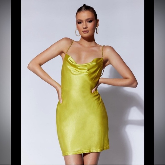 Meshki Sophie Rhinestone Satin Slip Mini Dress in Chartreuse Size Large - Picture 1 of 9